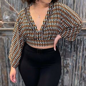 Deep V Neck Flare Arm Top with Elastic Waistband